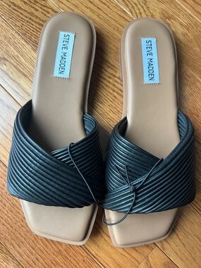 Steve Madden Black Leather Cross-Band Slide Sandals